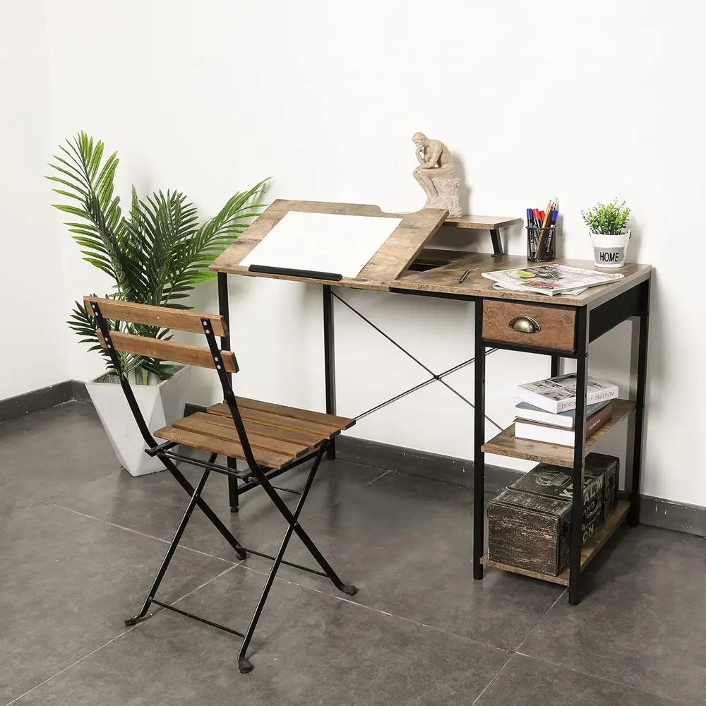 Adjustable 43 Art Desk with Storage Shelves and Drawer, Monitor Stand, Tiltable Drafting Table for Home Office, Artistic and Wri
