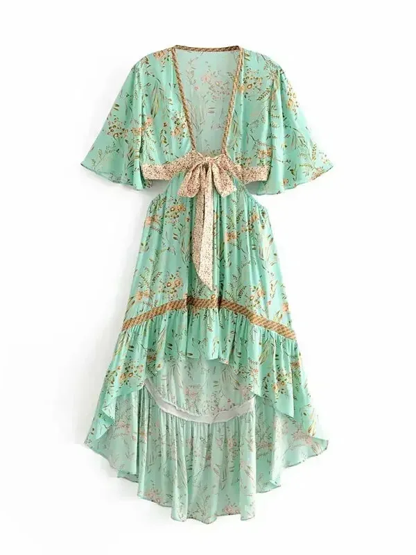 Women Hollow Out Sexy Beach Dress Bohemian Lady Short Sleeve High-Low Rayon Summer Vacation Boho Dresses Robe Dress H7ID