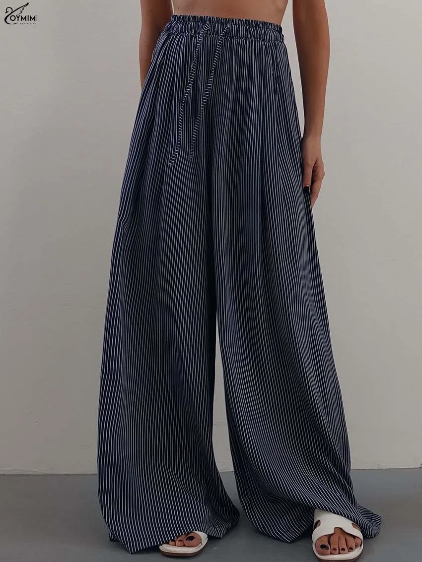 

Oymimi Casual Yellow Print Women Pants Fashion Drawstring Loose Solid Trousers Elegant High Waisted Full Length Pants Female Set