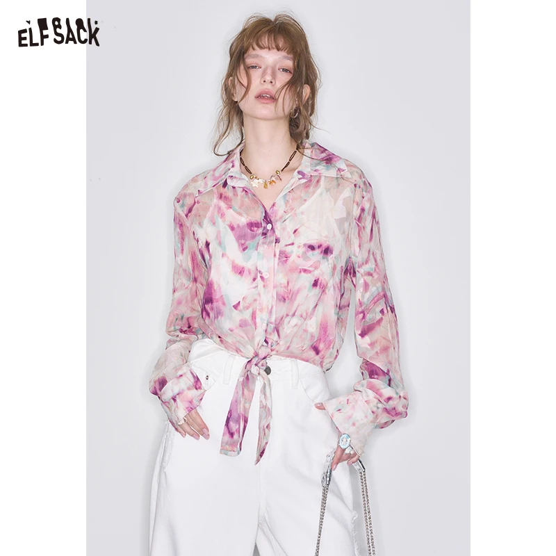 ELFSACK 2025 Spring New Arrivals Retro Floral Thin Lace Shirt Women's Sweet Chiffon Casual Top