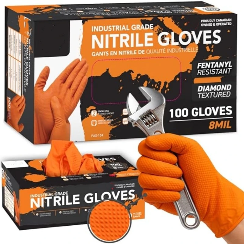 8mil Heavy Duty Nitrile Gloves Thick Industrial Disposable Gloves with Diamond Texture Grip Cleaning Mechanic Gloves Latex Free