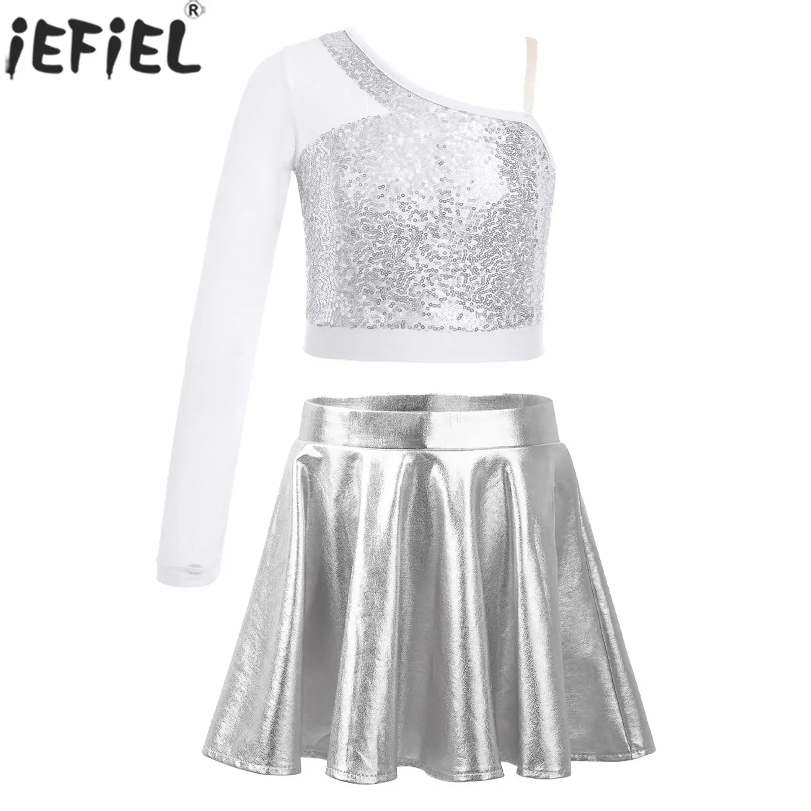 เสื้อครอปเกาะอกปักเลื่อมหนึ่งไหล่สำหรับวัยรุ่นสาวๆเต้นรำแจ๊สชุดการแสดงสำหรับงานเลี้ยงโรงเรียนกีฬาการประชุม