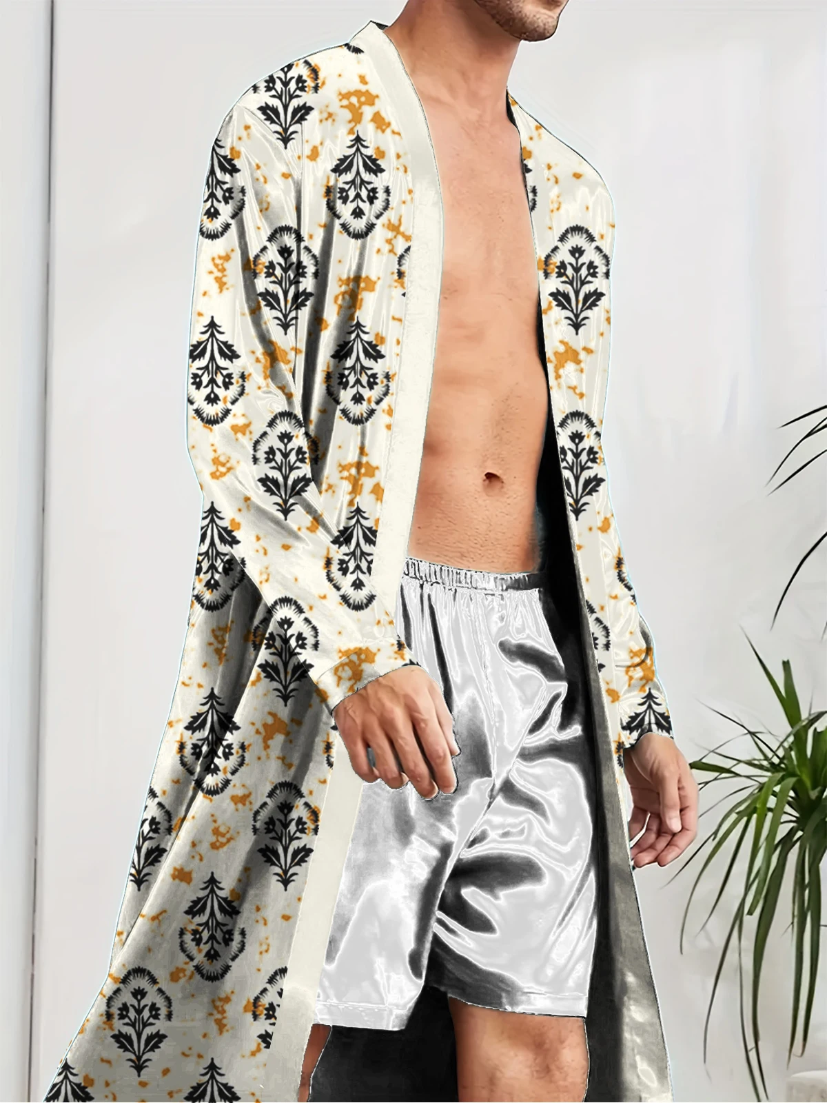 

Мужской забавный длинный халат с модной цифровой печатью, удобный и повседневный халат на весну и осень, быстросохнущий.