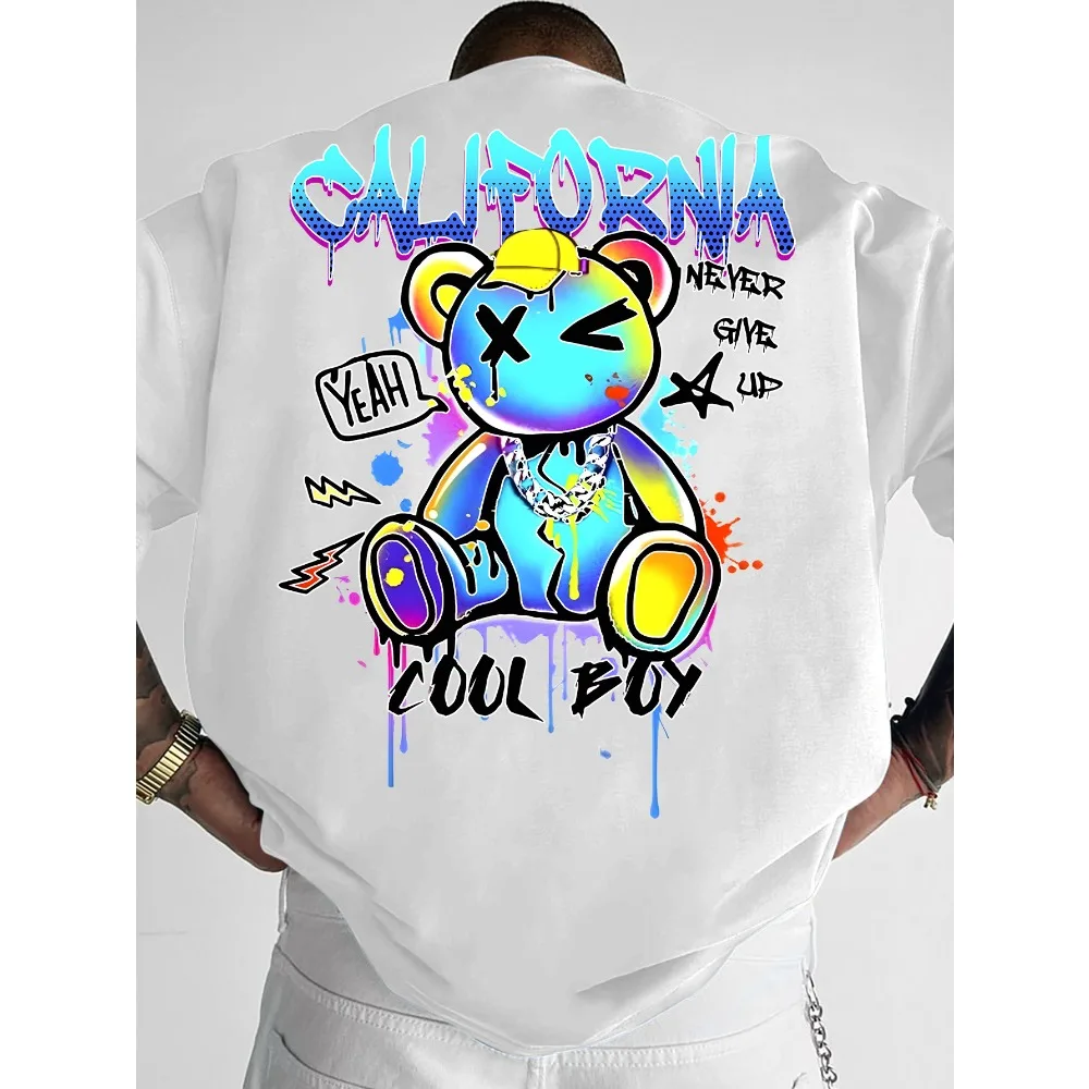 Summer New Men California Bear and Lightning Arrow Star Pattern Loose T-shirt 100% Pure Cotton Soft Material Versatile  Trendy