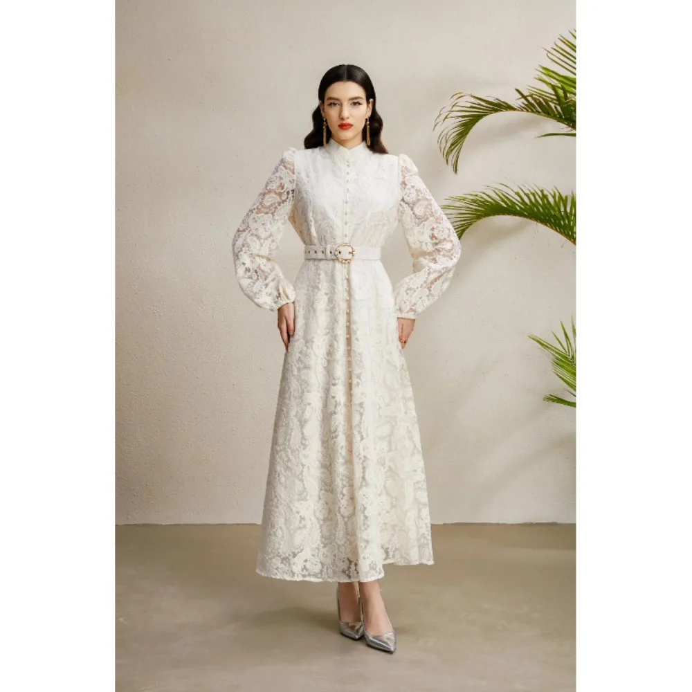 Women Autumn Palace Style Stand Collar Lantern Sleeve Ruched Wide Swing 3D Lace Elegant Ladies Dress