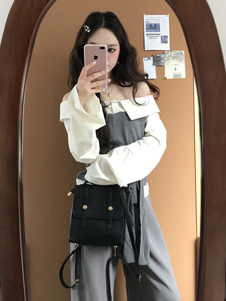 

Корейский дизайн, женский комплект на одно плечо, длинный све, осенние новые широкие брюки, повседневная мода