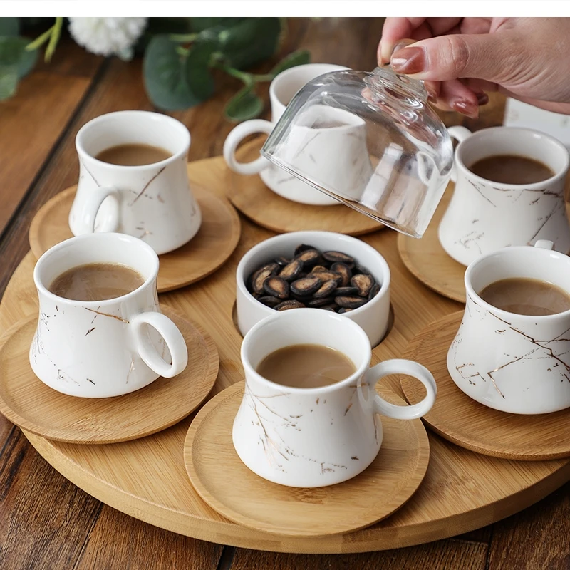 ceramic 7-piece coffee mug and saucer with bamboo tray European Mini espresso 80ml mugs cups set for home use