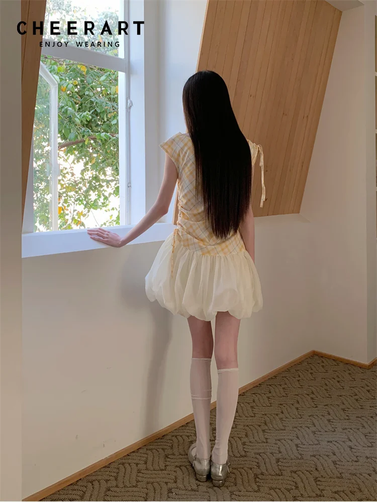 CHEERART Yellow Plaid Designer Bud Short Dresses Summer Sleeveless Drawstring Patchwork Ball Gown Cute Mini Dress Woman Clothes