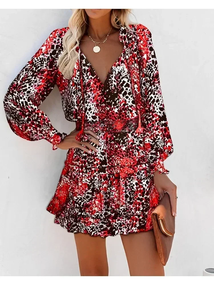 

2024 New Spring Summer Long Sleeve Deep V-neck Digital Print Waist Dress Sexy Dress Streetwear Sexy Dress for Women