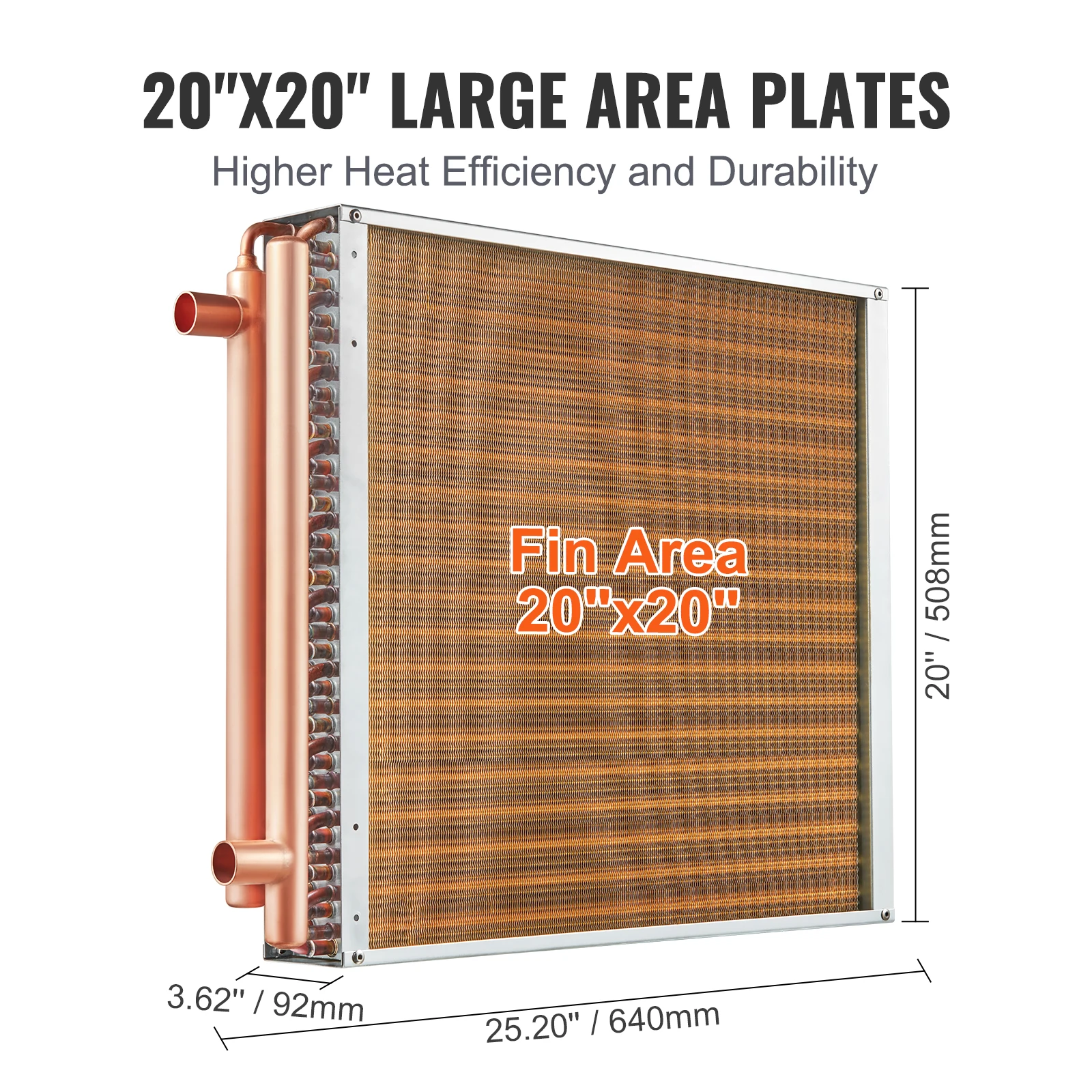 VEVOR Intercambiador de calor agua a aire, 20 x 20 pulgadas con puertos de cobre de 3 filas de 3/8 pulgadas, intercambiador de calor de 242 aletas de aluminio para hornos de madera al aire libre, calefacción y refriger