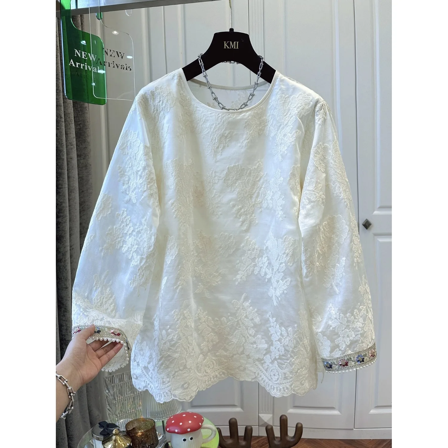 

Элегантная женская блузка в китайском стиле с длинным рукавом, кружевом, свободного кроя, дышащая, с вышивкой и сложным декором, весна-лето, новинка