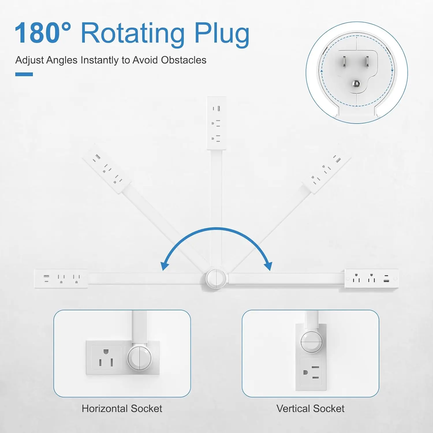Wall Outlet Expander Move FreeElectrical Power Socket Extender 2 AC USB-A&C 180° Swivel Behind Couch Nightstand Stretchable Plug
