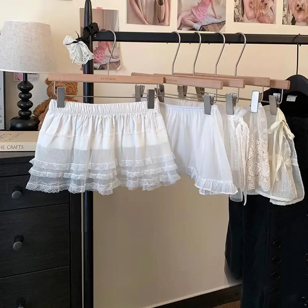 Women's Korean One-Piece Belted Overlap Lace Skirt 2025 Summer Apron Short A-Line Skirt Lace Layered Gauze Skirt with Tie Up