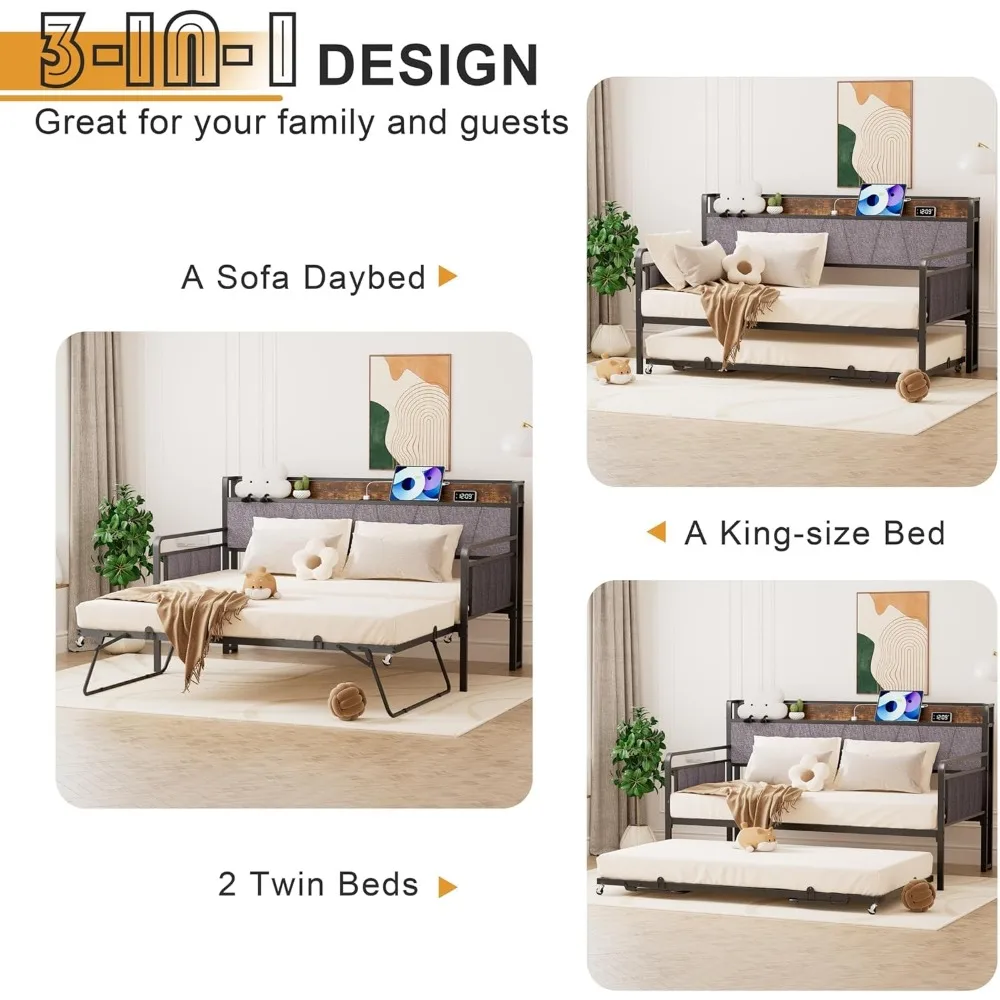 Tempat Tidur Twin dengan Tempat Tidur Tambahan, Sofa Tempat Tidur Twin Modern, Rangka Tempat Tidur Logam Kokoh dengan Sandaran Kepala Berlapis untuk Ruang Tamu, Tempat Tidur