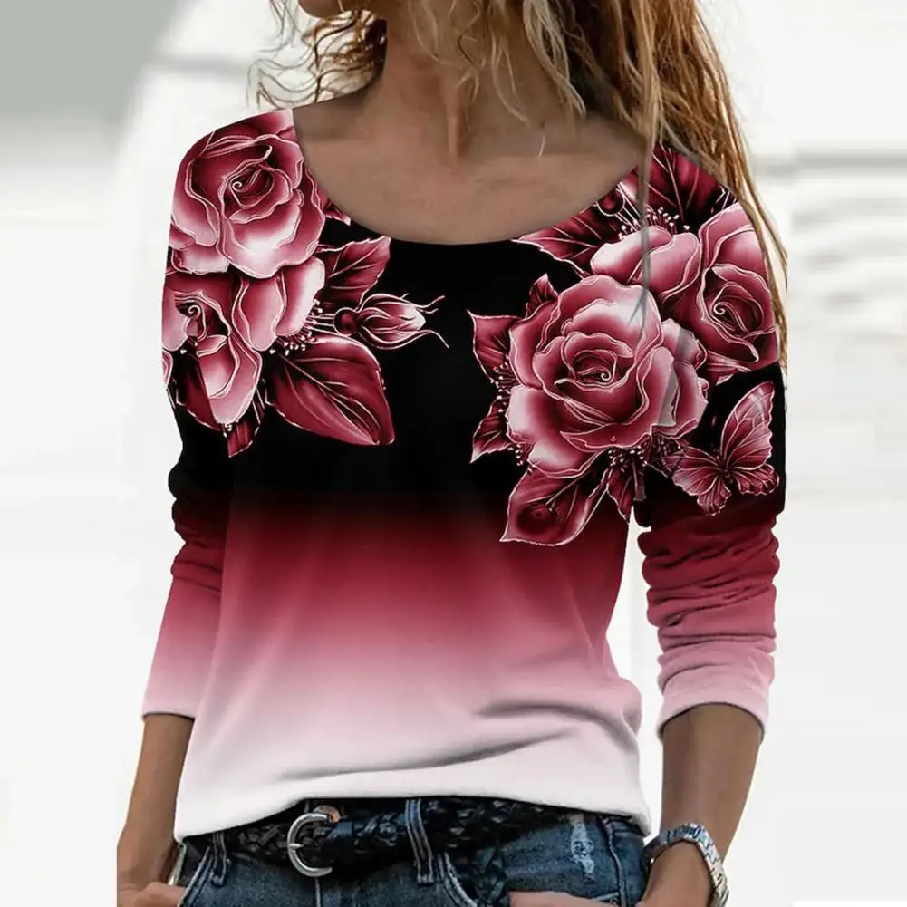 

Women Spring Blouses Rose Flower Oversized T-shirt Top Colorfast Gradient Color Crew Neck Floral Print Blouses футболка женский