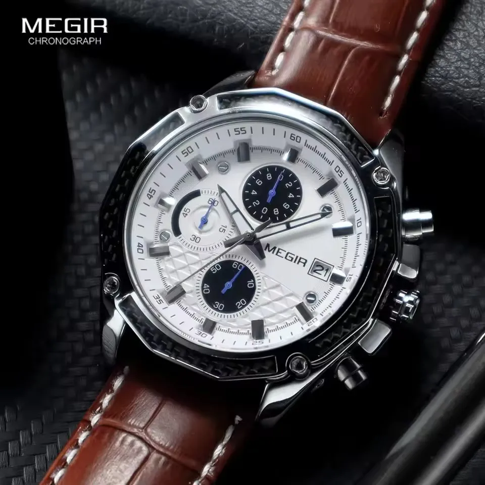 MEGIR 2015 Brown Fashion Chronograph Students Quartz Watches for Men Leather Strap Casual Sport Wristwatch with Date Clocks