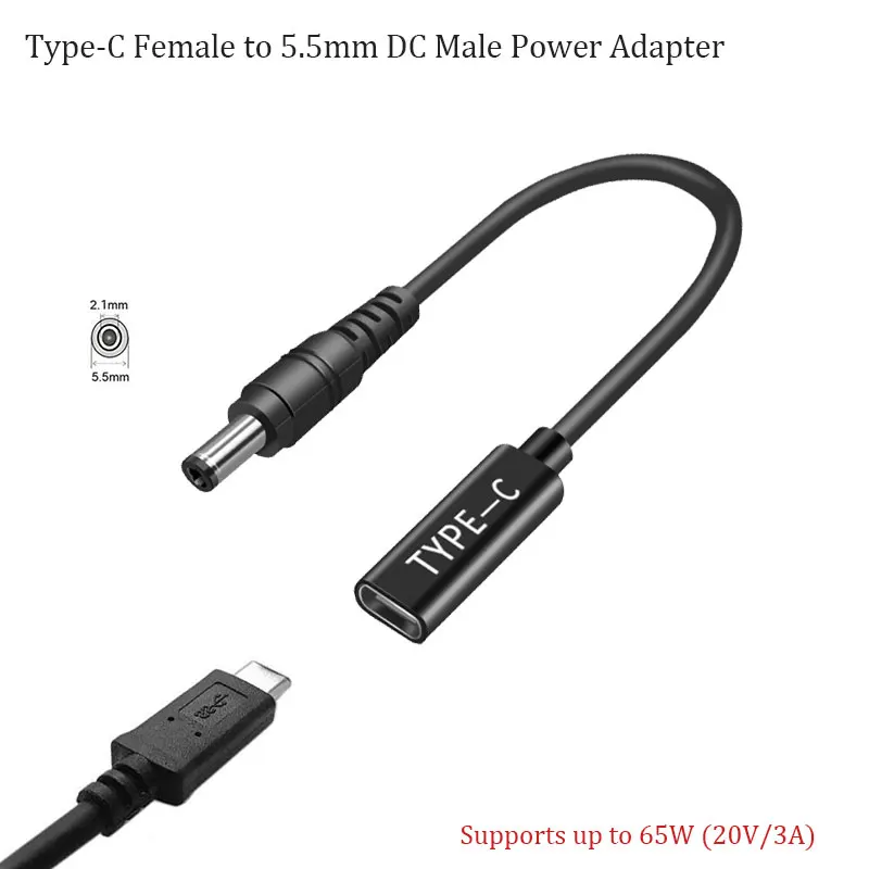 65W USB C PD to DC 5.5x2.1mm Trigger Cable, Type-C Female to 5.5mm DC Male Power Adapter Cord for 20V Laptop/Notebook Charging