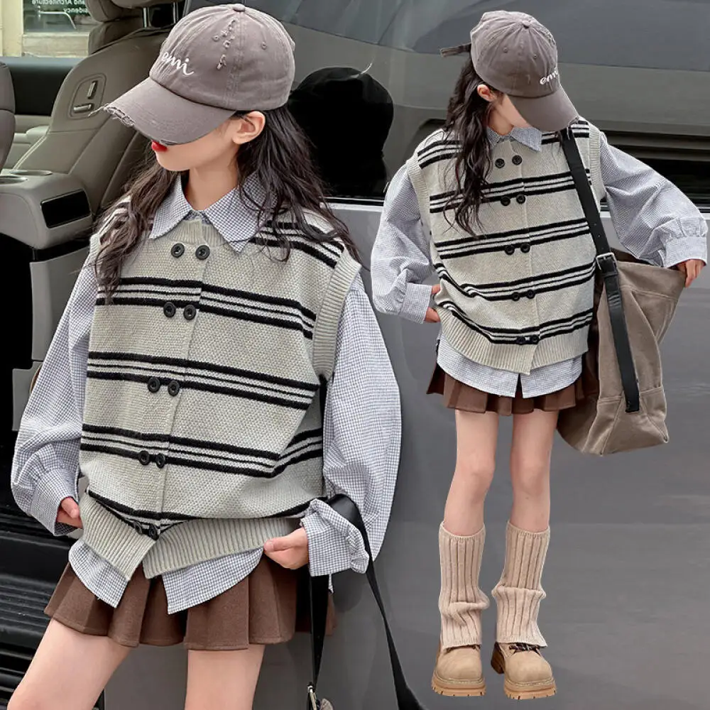 

Kawaii Girl Fashion Lapel Shirt Vest Set Student Spring and Autumn Cartoon Casual Tops Knitwear 2-Piece Set Children's Clothing