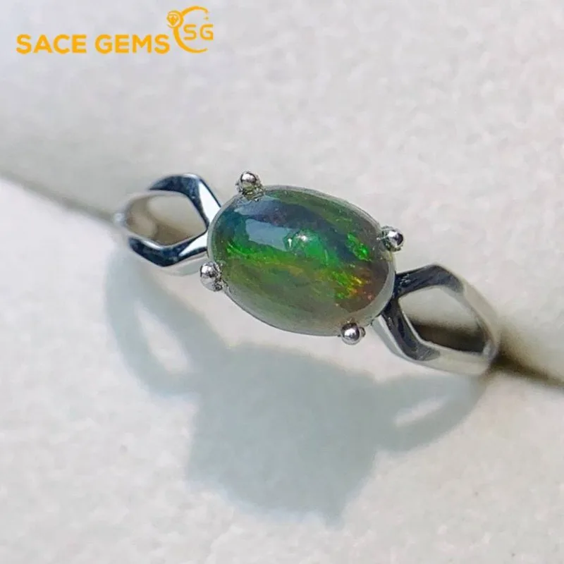

SACE GEMS Fashion 925 Sterling Silver 6*8mm Natual Opal Luxury Rings for Women Created Wedding Engagement Party Fine Jewelry