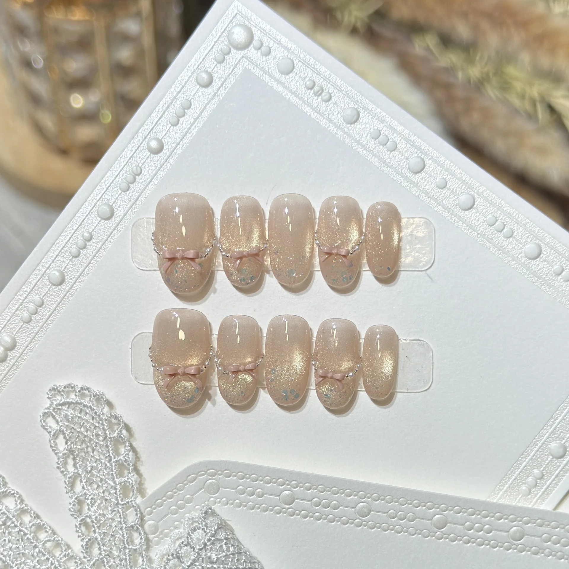 10pcs Handmade Short Oval Press On Nails Shiny Champagne Cat Eye Bow Design Lovely Fake Nails Wearable Nails Art Tips For Girls