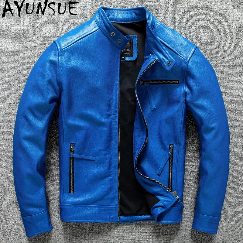 AYUNSUE Cowhide Mens Leather Jacket Autumn Men Clothing Fashion Motorcycle Jackets Handsome Standing Style Veste Cuire Homme