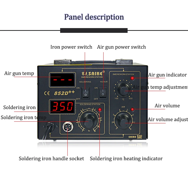 SAIKE 852D++ 2 in 1 SMD Rework Station Hot air gun soldering station Desoldering station Heat Gun BGA 220V