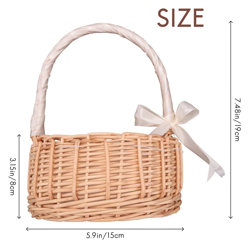 سلة زهور منسوجة من الخوص، مع مقبض وشريط أبيض، سلال فتاة زهور الزفاف، لتزيين حديقة المنزل (S)