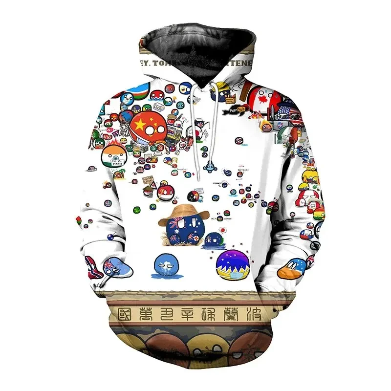 Divertente divertente divertente piccola palla modello bandiera Multi-nazionale stampa 3D felpa con cappuccio da uomo Streetwear Casual elementi del fumetto moda allentata