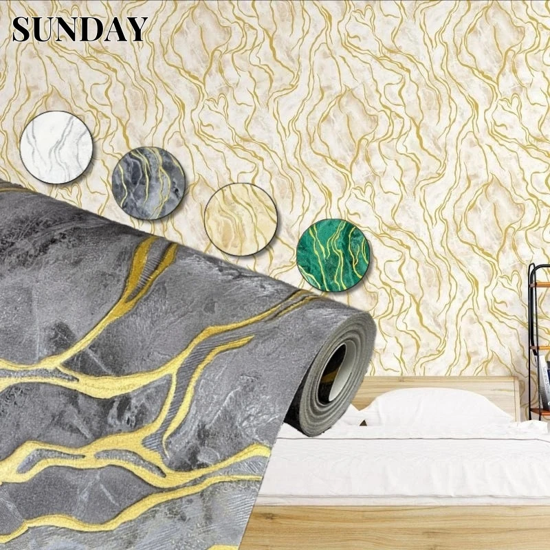 Irregular Stripe Non Self-adhesive Wallpaper for Bedroom Walls Luxury Faux Gold Patterned Marble Embossed Wall Papers Home Decor