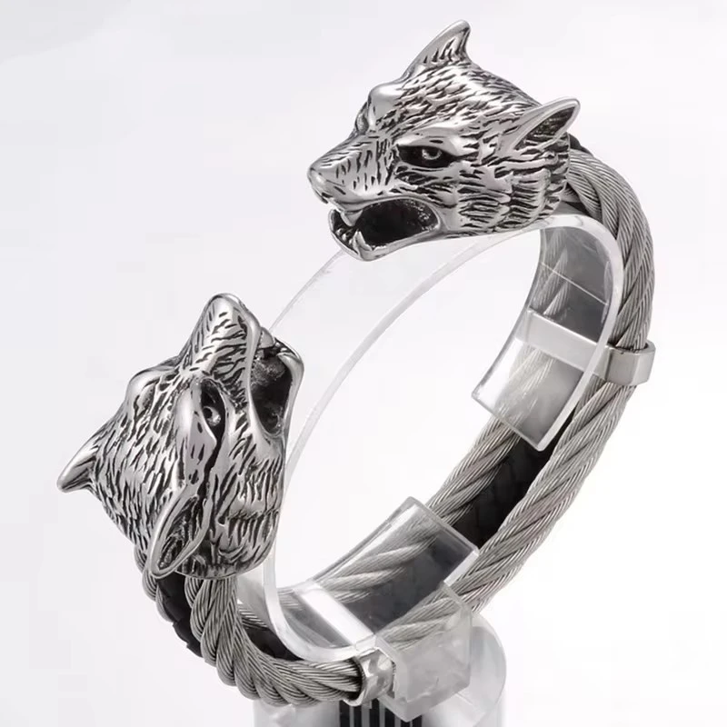 Punk Style Double Wolf Head Bracelet Men Stainless Steel Odin Wolf Bangle Amulet Gold Color King Chain Rock Jewelry