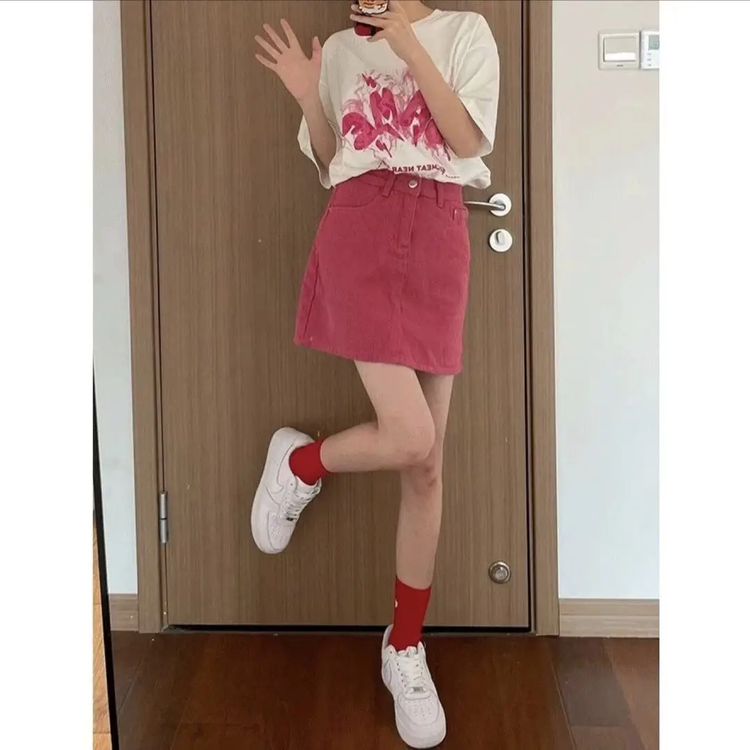 

Юбка миди с высокой талией розового цвета для женщин, летняя джинсовая юбка в повседневном стиле, А-силуэт, из полиэстера, не вызывает раздражения кожи