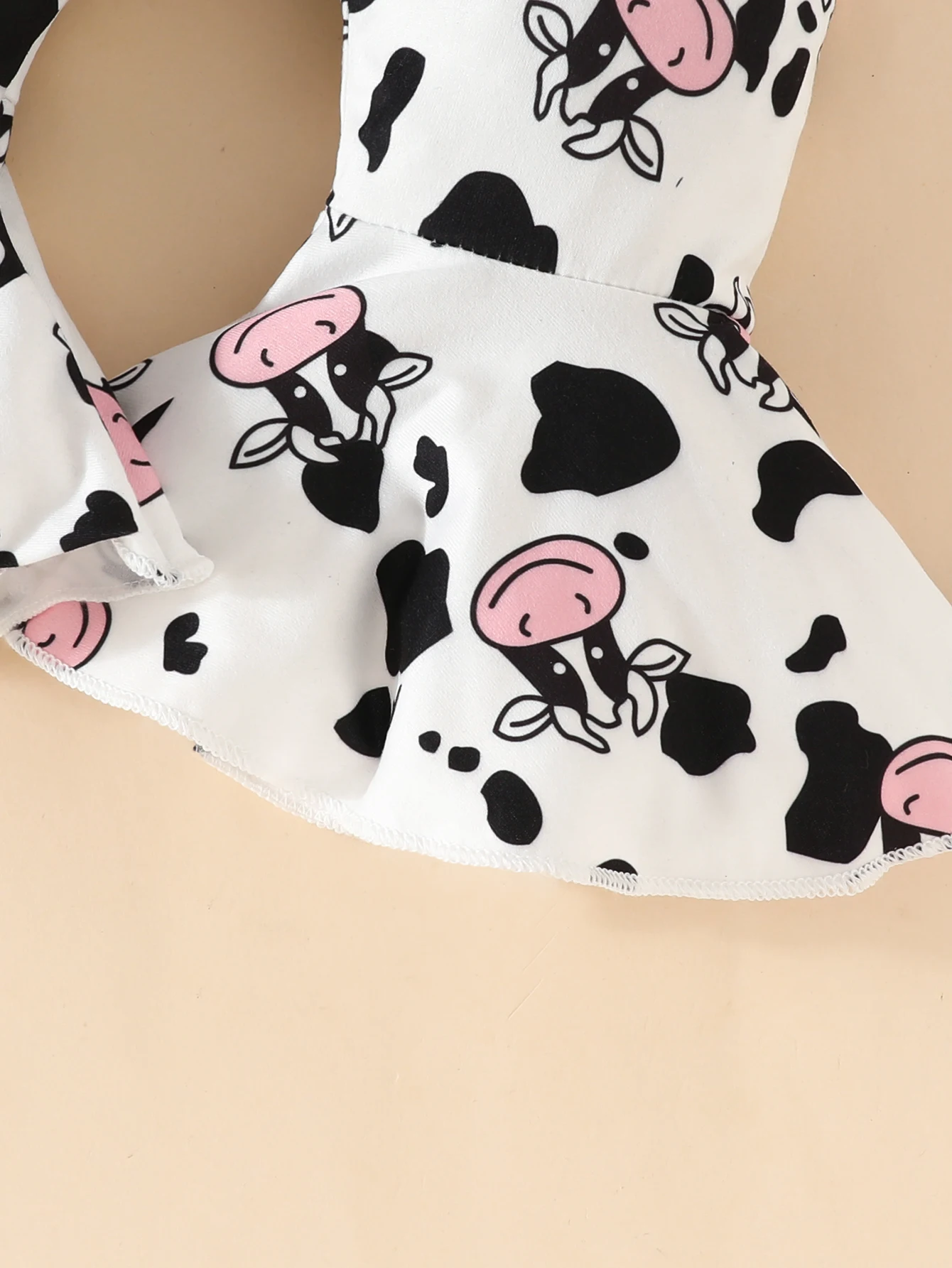 Cute Cow Print Outfit - Long Sleeve Flutter Sleeve Infant Romper +Bowknot Flared Trousers + Headband Baby Girls 3pcs Set