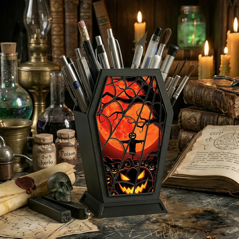 Halloween Pumpkin Scarecrow Pen Holder Spider Web Red Moon Pattern Pencil Cup Spooky Desktop Stationery Organizer Home Office De