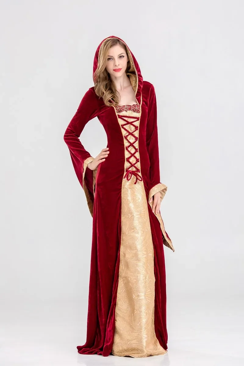 Vestidos largos góticos medievales renacentistas victorianos para mujer, Cosplay de Halloween, bata Medieval de terciopelo con capucha