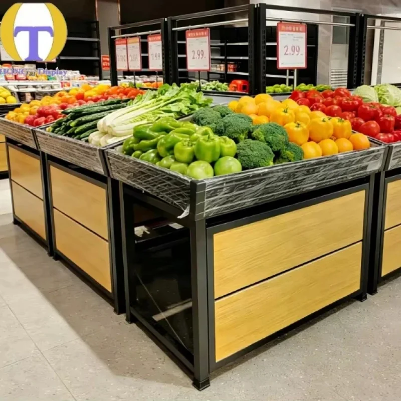 custom.Modern Heavy Duty Stainless Steel/Glass Supermarket Showcase Retail Shopping Mall Fruit Vegetable Display Adjus