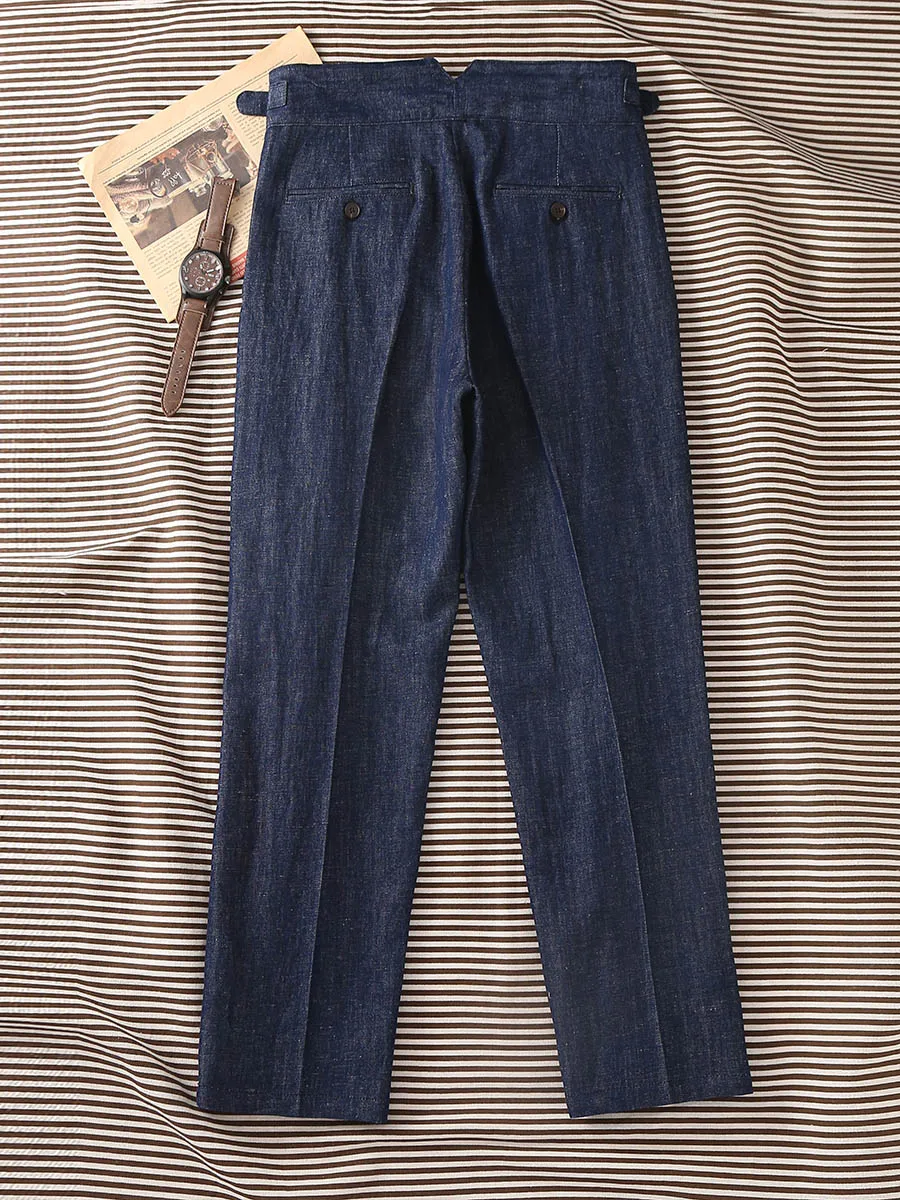 Classic Men's American Vintage Gurkha Casual Pants - Linen-Cotton Denim Blue Loose Straight Fit Trousers