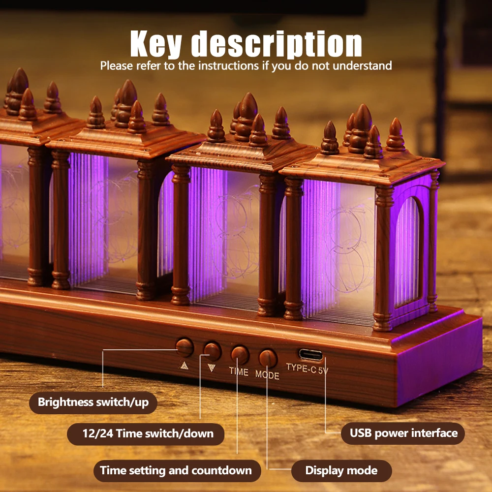D2 Vintage Digital Tube Clock Night Light 12/24 Hour Format Alarm Clock Automatic Page Flipping RGB Digital Display Desk Decor