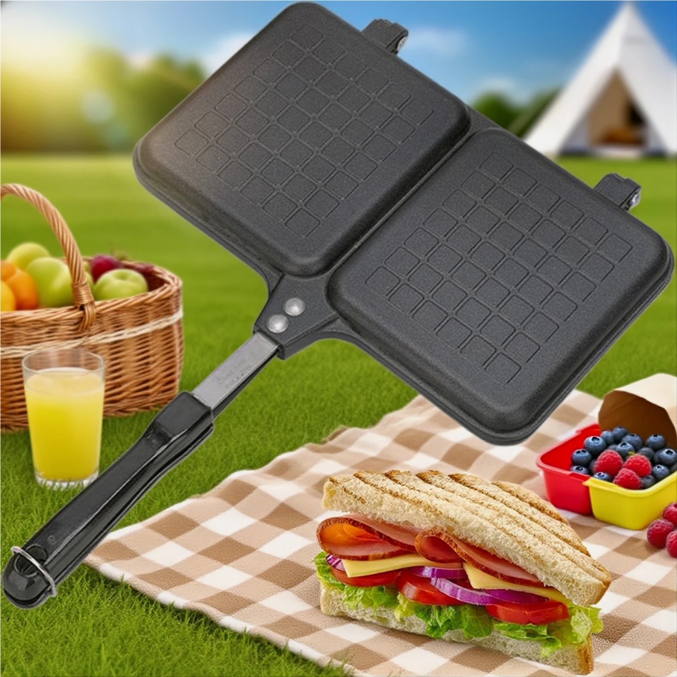 

1 PCS Double Panel Stovetop Sandwich Press Non Stick Toaster Cheese Grill Pan Camping BBQ Accessories Frying Pan With Handle