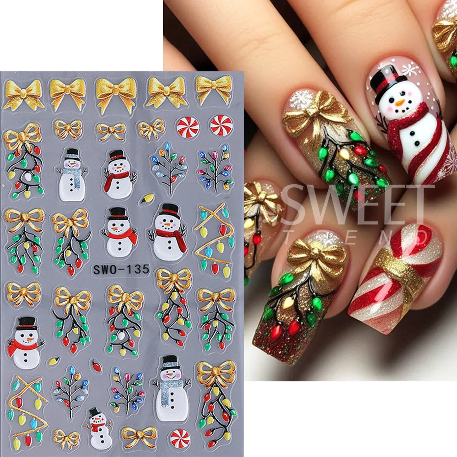 5 pz/set Adesivi Per Unghie Di Natale Babbo Natale Fiocchi di Neve Pupazzo di Neve Arco In Rilievo Decalcomanie Per Unghie Inverno Capodanno Manicure Decor Slider