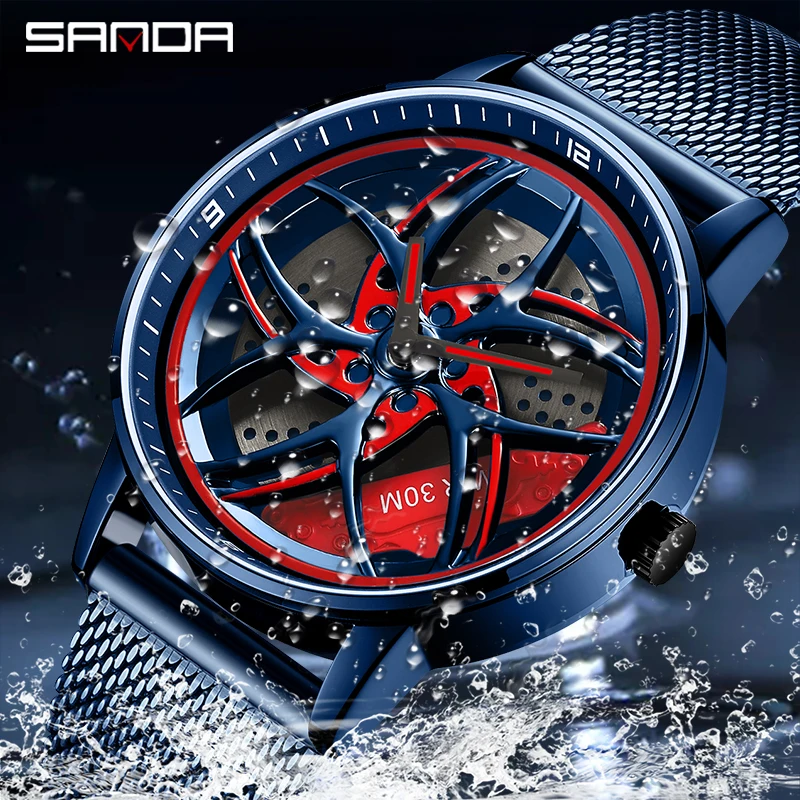 SANDA P1091 Original 3D Car Rim Man Watch Super Wheel Watches Quartz Movement Waterproof Stainless Steel Men Sports Wristwatch