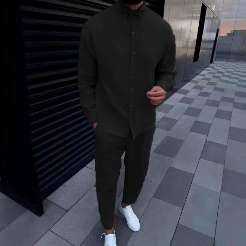 

-Border European and American Autumn Men's Wrinkled Bubble Casual Suit Sleeve Fashion Workwear Long Pants Two-Piece Se