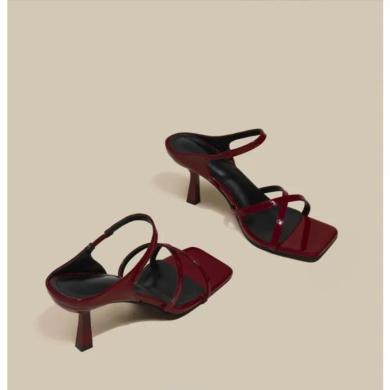 New Wine Red High Heels Sandals for Women Square Toe Bowtie Decor Summer Outdoor Slippers Woman Thin Heeled Party Wedding Shoes