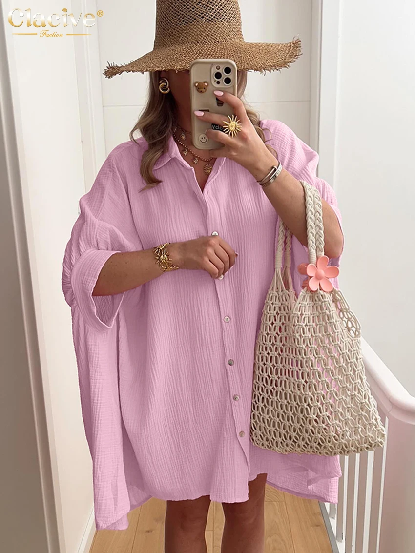 

Clacive Casual Loose Pink Cotton Women's Dress 2025 Fashion Lapel Long Sleeve Mini Dresses Elegant Classic Solid Female Dress