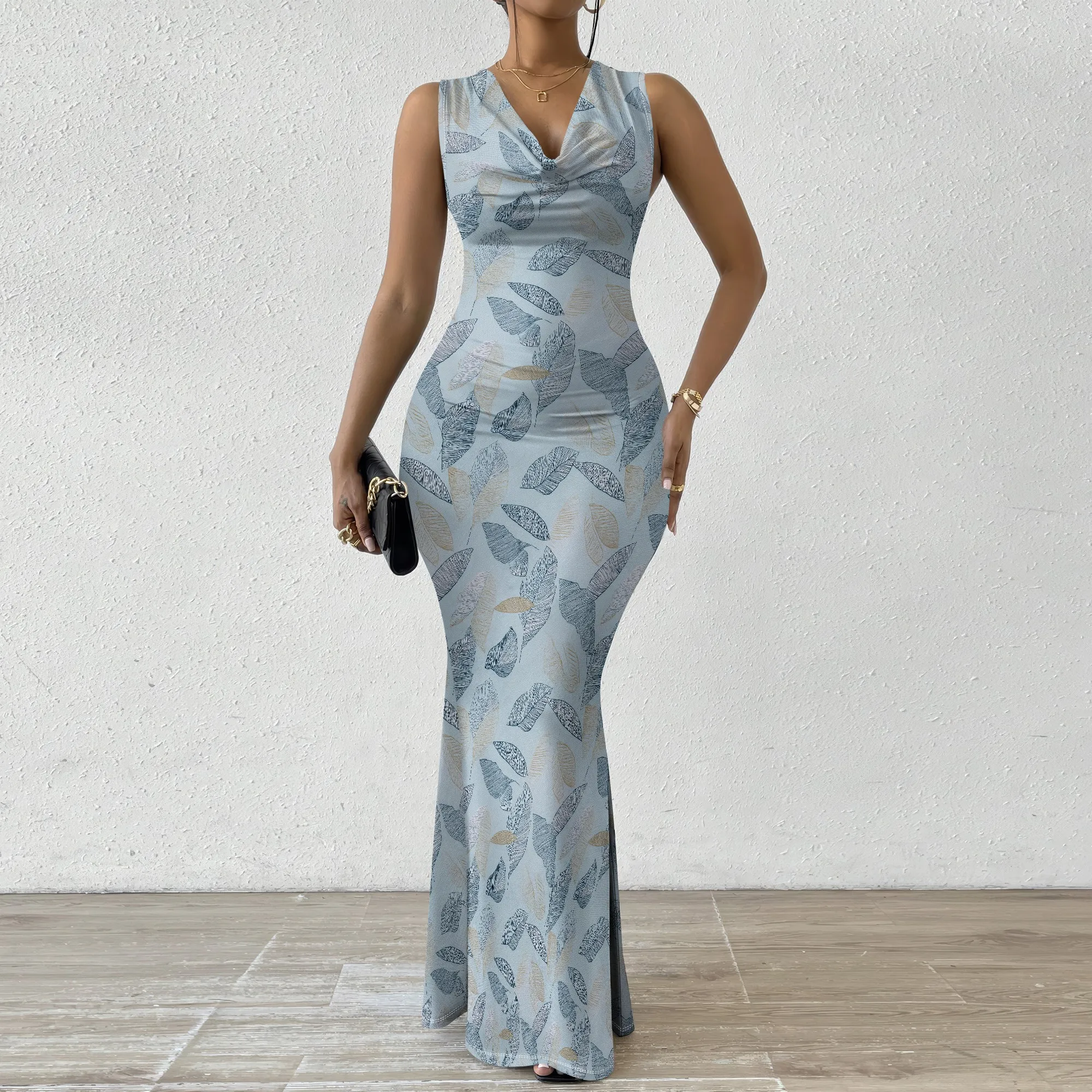 

Women's Leaf Print Maxi Dress 2025 New Arrival V-Neck Casual Summer Dress XS-2XL