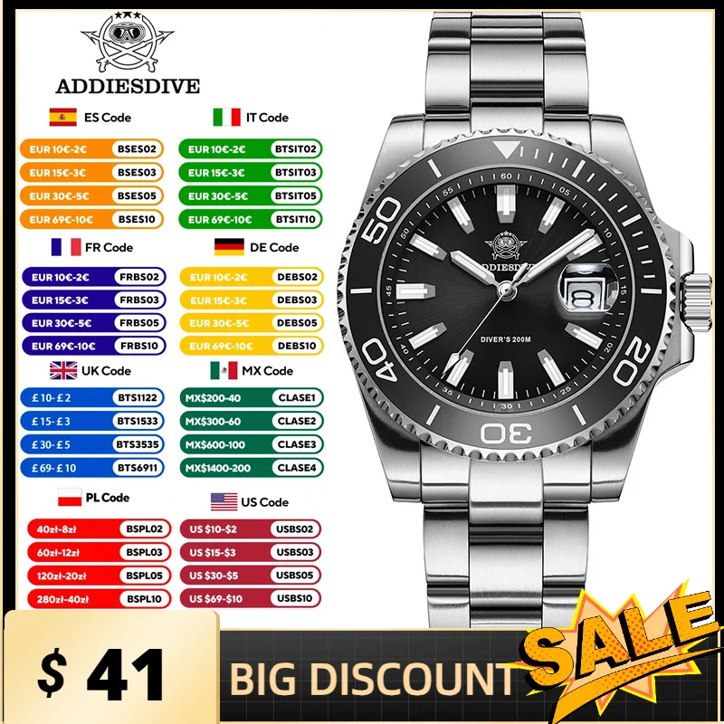 

ADDIESDIVE New AD2510 Luxury Men's Diving Watch 41mm BGW9 Luminous Enamel Dial Screw-down Crown Durable Stainless Steel Strap