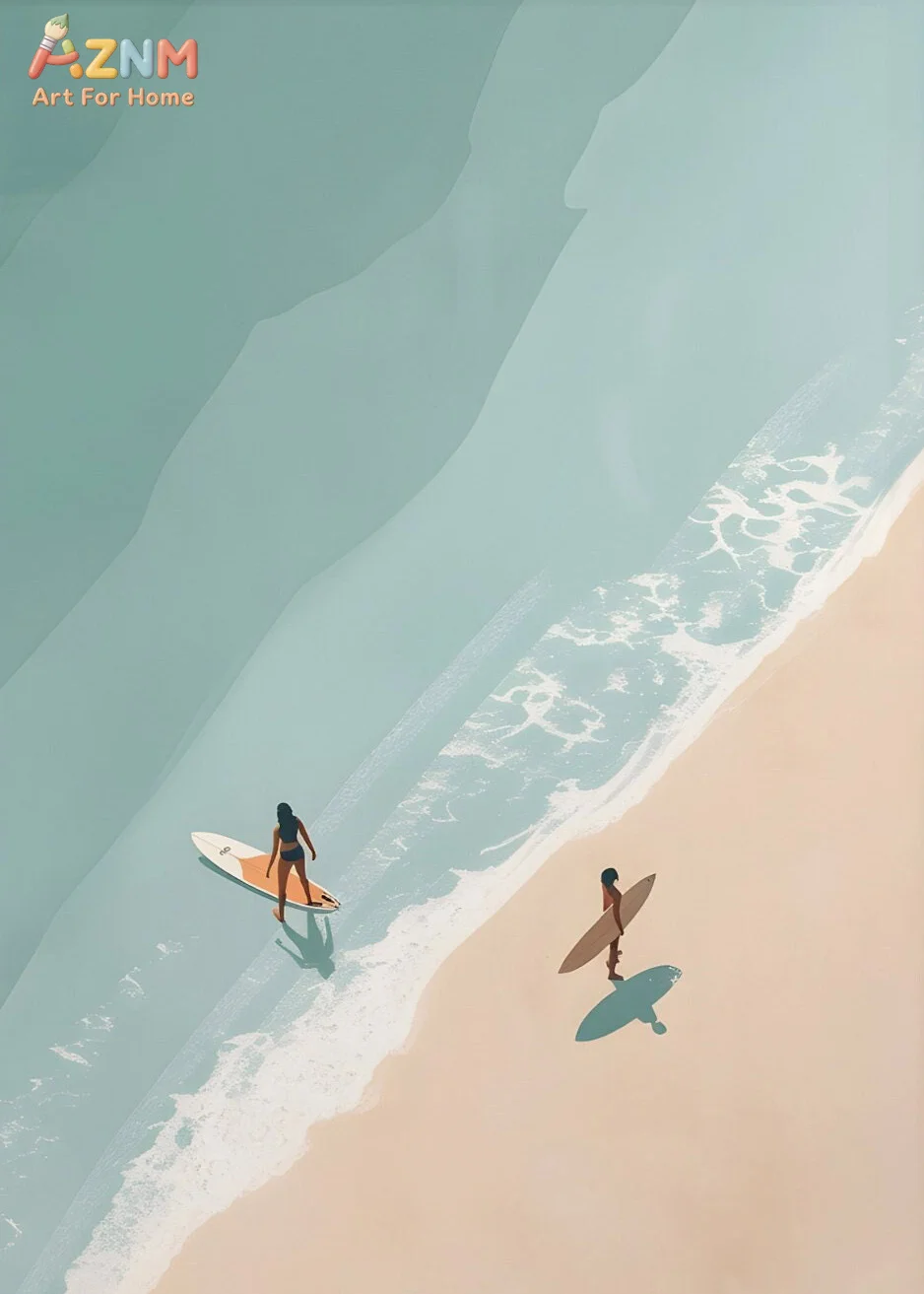 AZNM Aerial View Summer Beach Swimming Sailboat Minimal Illustration Frameless Canvas Wall Decor view 5