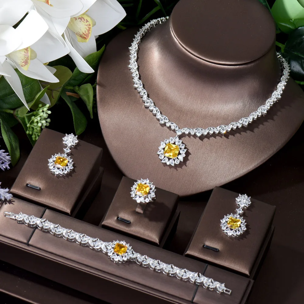 HIBRIDE Luxury Square Yellow CZ Jewelry Sets For Women Wedding Zircon  African Dubai Bridal Necklace Earring Dance Party N-491