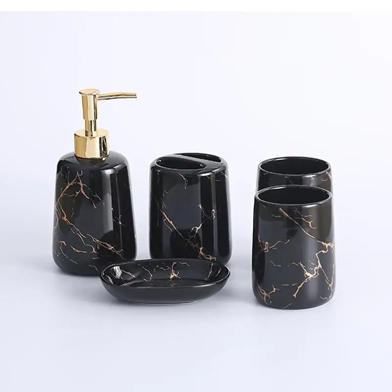 Platinum Marble Texture Ceramic Bathroom Products Set Cup Lotion Bottle Toothbrush Holder Soap Dish Storage Tray