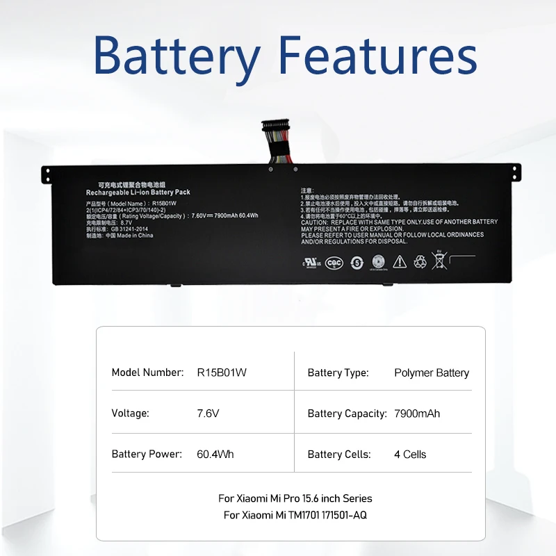 Imagem -04 - Bateria do Portátil para Xiaomi mi Pro R15b01w 15.6 Gtx Série Tm1701 Notebook 7.6v 7900mah 15.6 wh Baterias Presente Gratuito Novo