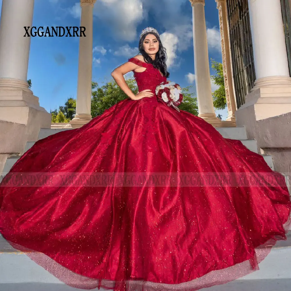 Bourgogne XV Quinceanera Robe 2025 Rouge Robe De 15 Años Quinceañeras Sparkly Sweetheart Dentelle Applique Doux 16 Robe Princesse